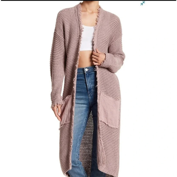 FREE PEOPLE Women's Draped Open Front Fringe Cotton Sweater Duster Blush Size XS - Picture 2 of 15